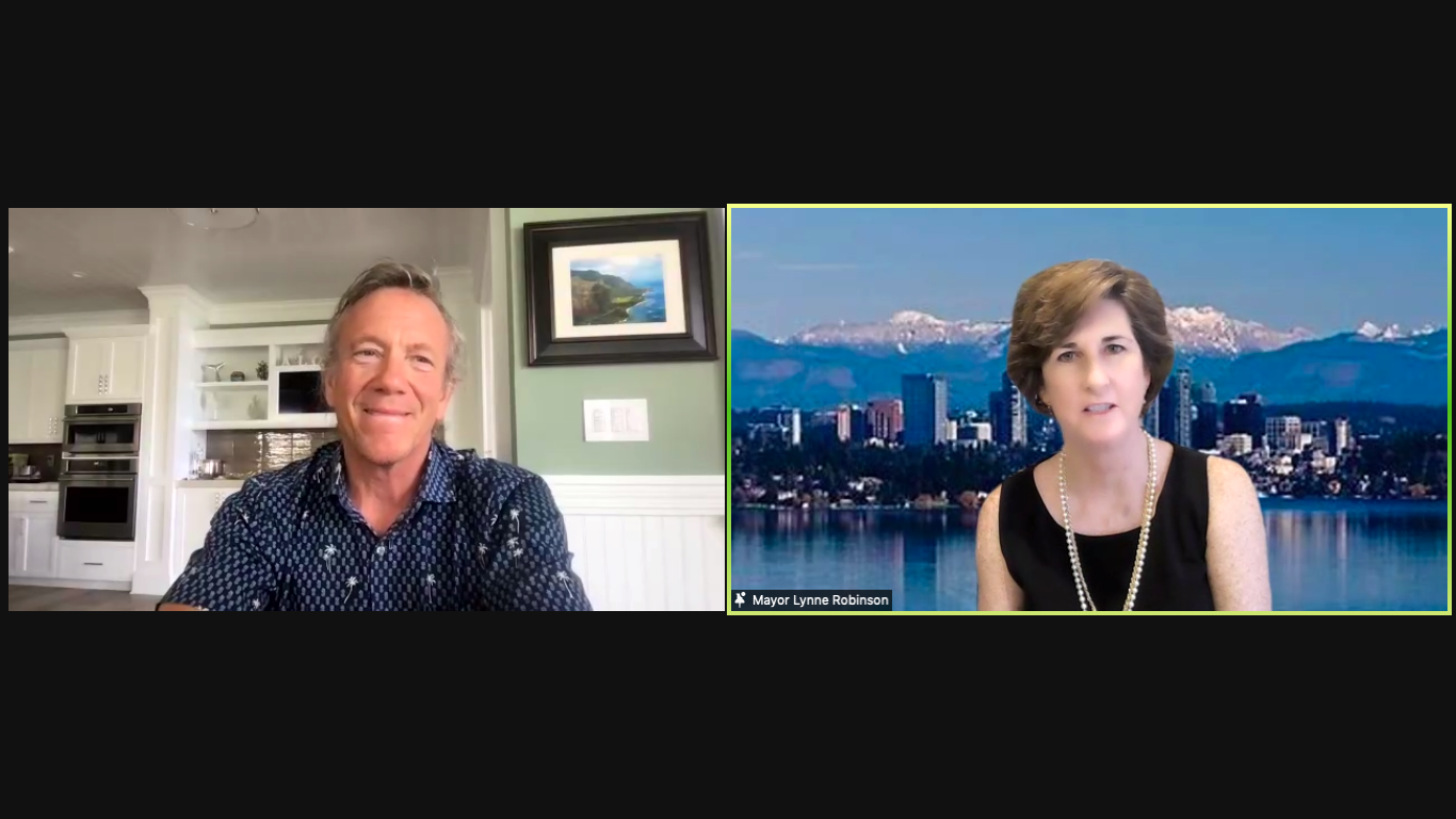 WTIA CEO Michael Schutzler, left, and Bellevue Mayor Lynne Robinson. Screenshot from event.